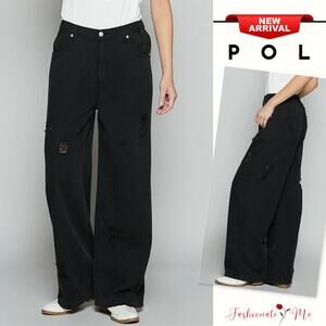 POL High Rise Waist Distressed Details Zip Fly Black Ultra Wide Leg Denim Jeans